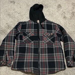 Dickies Red and Black Plaid Flannel Hooded Shirt